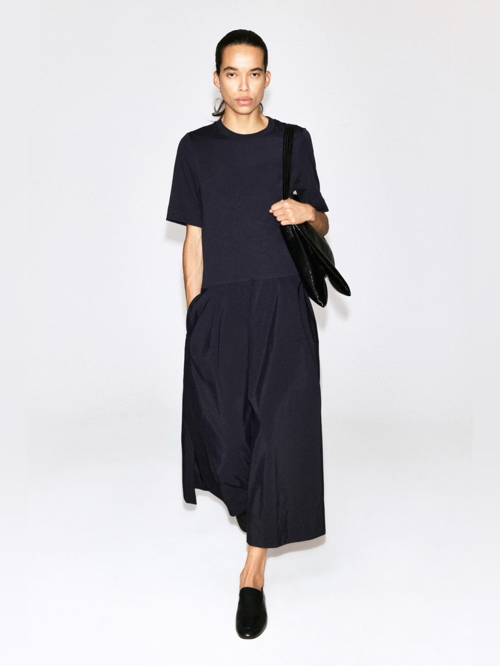 NWT COS Dropped Waist Contrast Panel Midi Dress in Black